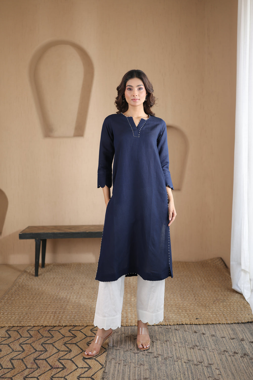 Nura Linen Kurta with Gul Moti Detailing - Mint Green or Navy