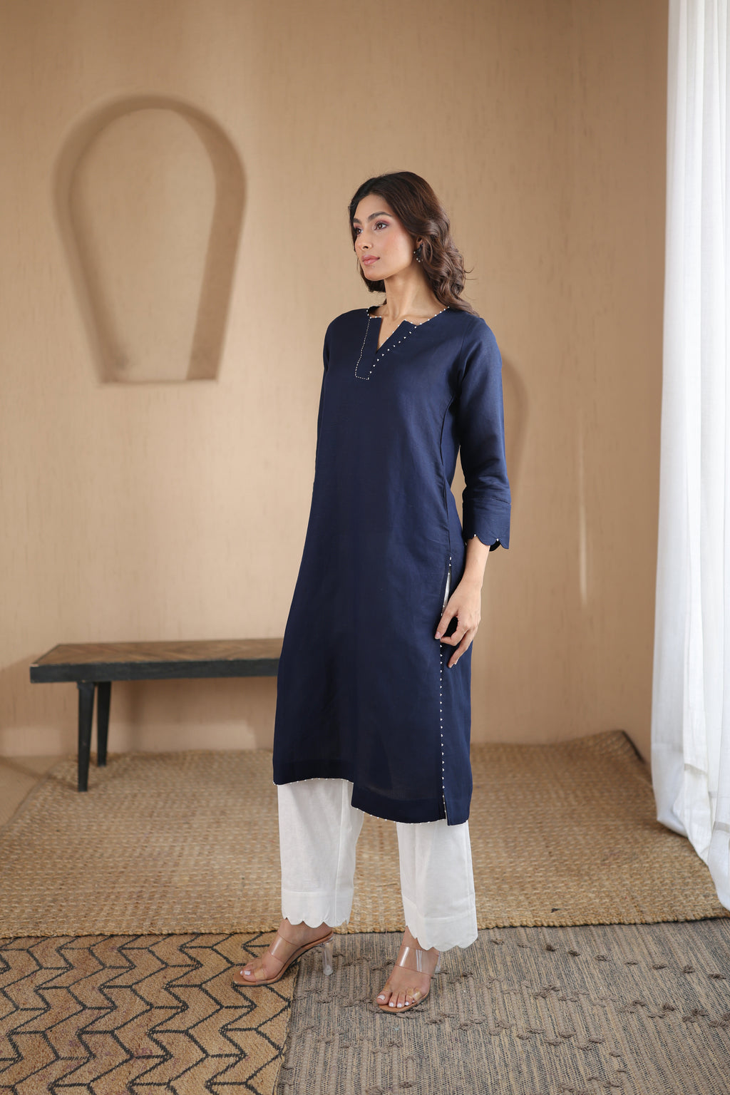 Nura Linen Kurta with Gul Moti Detailing - Mint Green or Navy