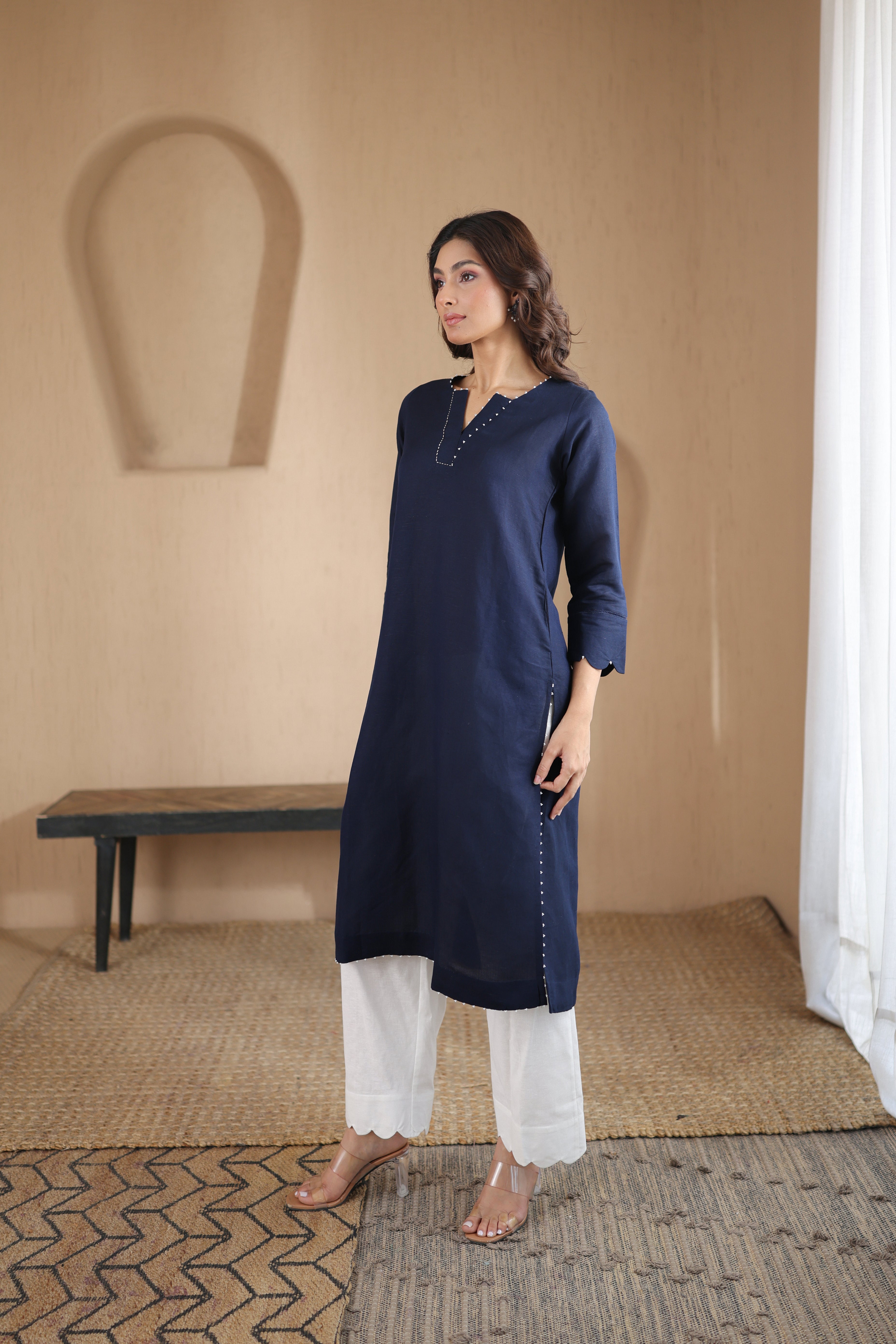 Nura Linen Kurta with Gul Moti Detailing - Mint Green or Navy