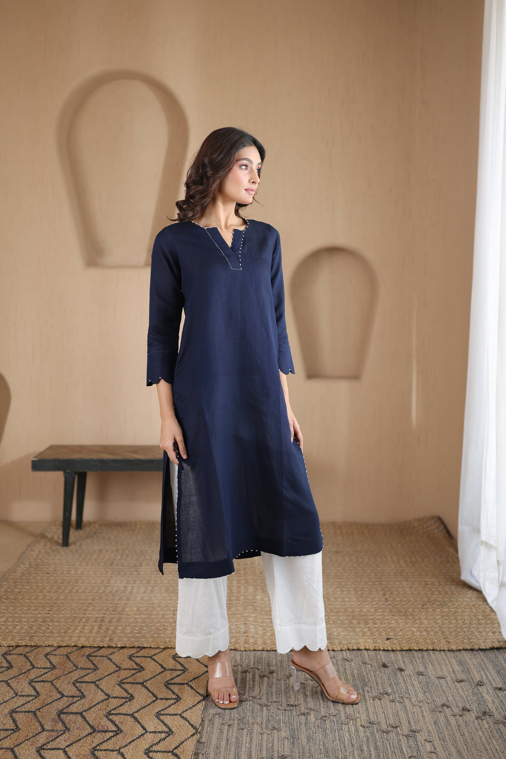 Nura Linen Kurta with Gul Moti Detailing - Mint Green or Navy