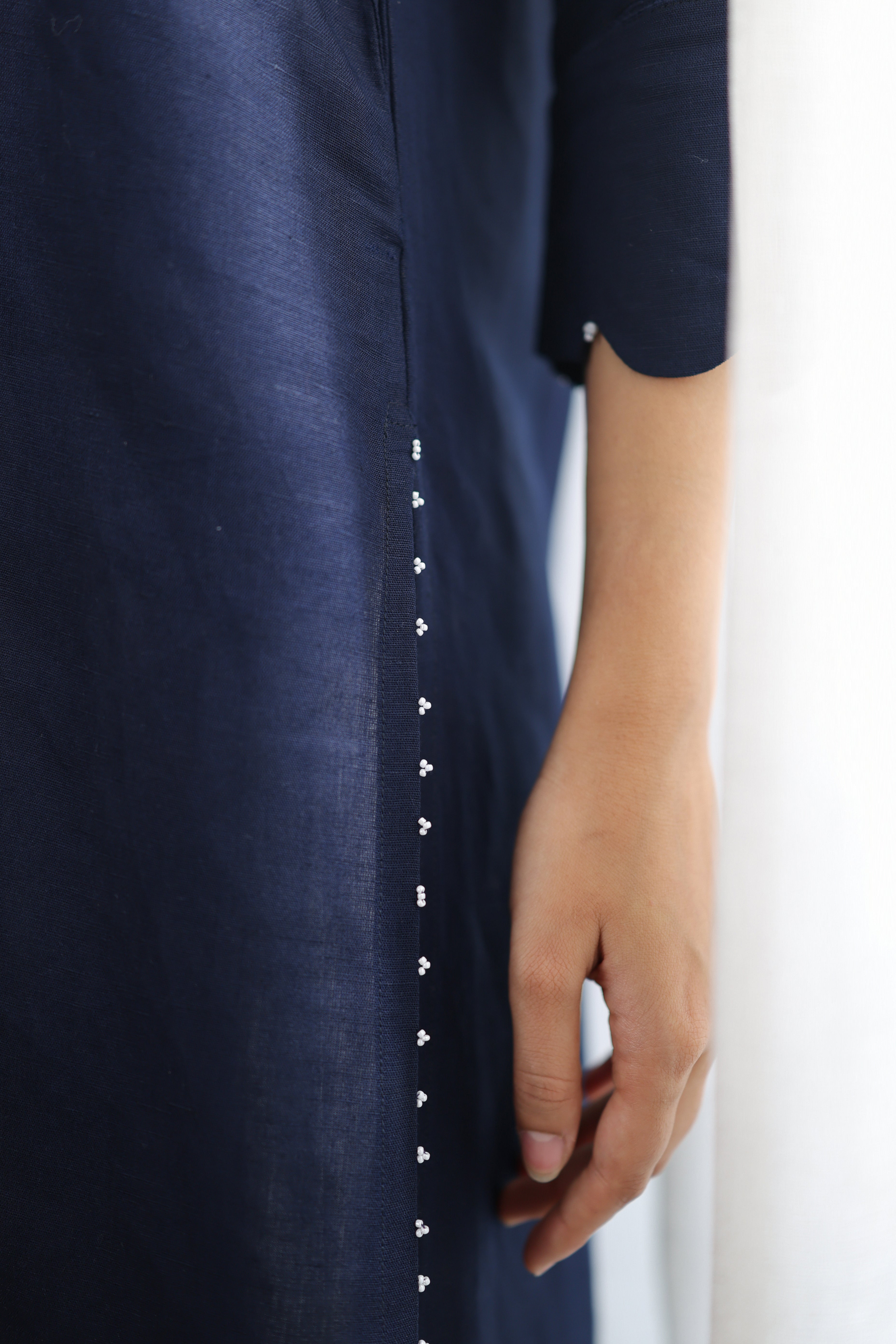 Nura Linen Kurta with Gul Moti Detailing - Mint Green or Navy