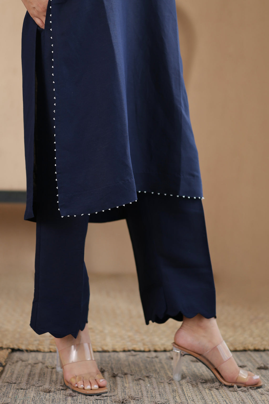 Nura Linen Kurta with Gul Moti Detailing - Mint Green or Navy