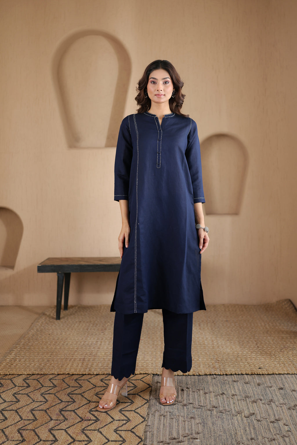Nura Linen Kurta with Gul Rekh Detailing - Navy or Tuscan Beige