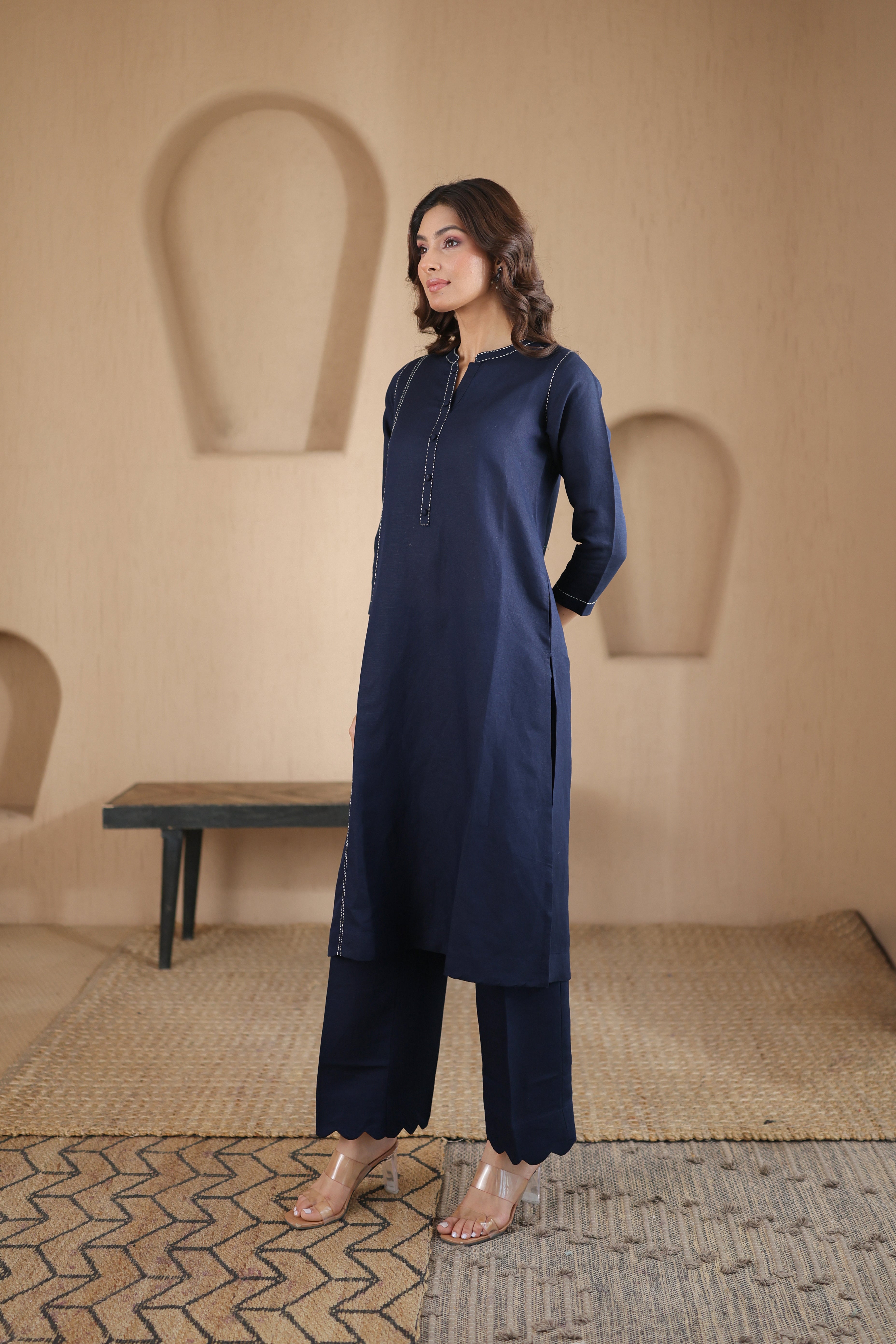 Nura Linen Kurta with Gul Rekh Detailing - Navy or Tuscan Beige