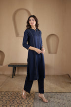 Nura Linen Kurta with Gul Rekh Detailing - Navy or Tuscan Beige