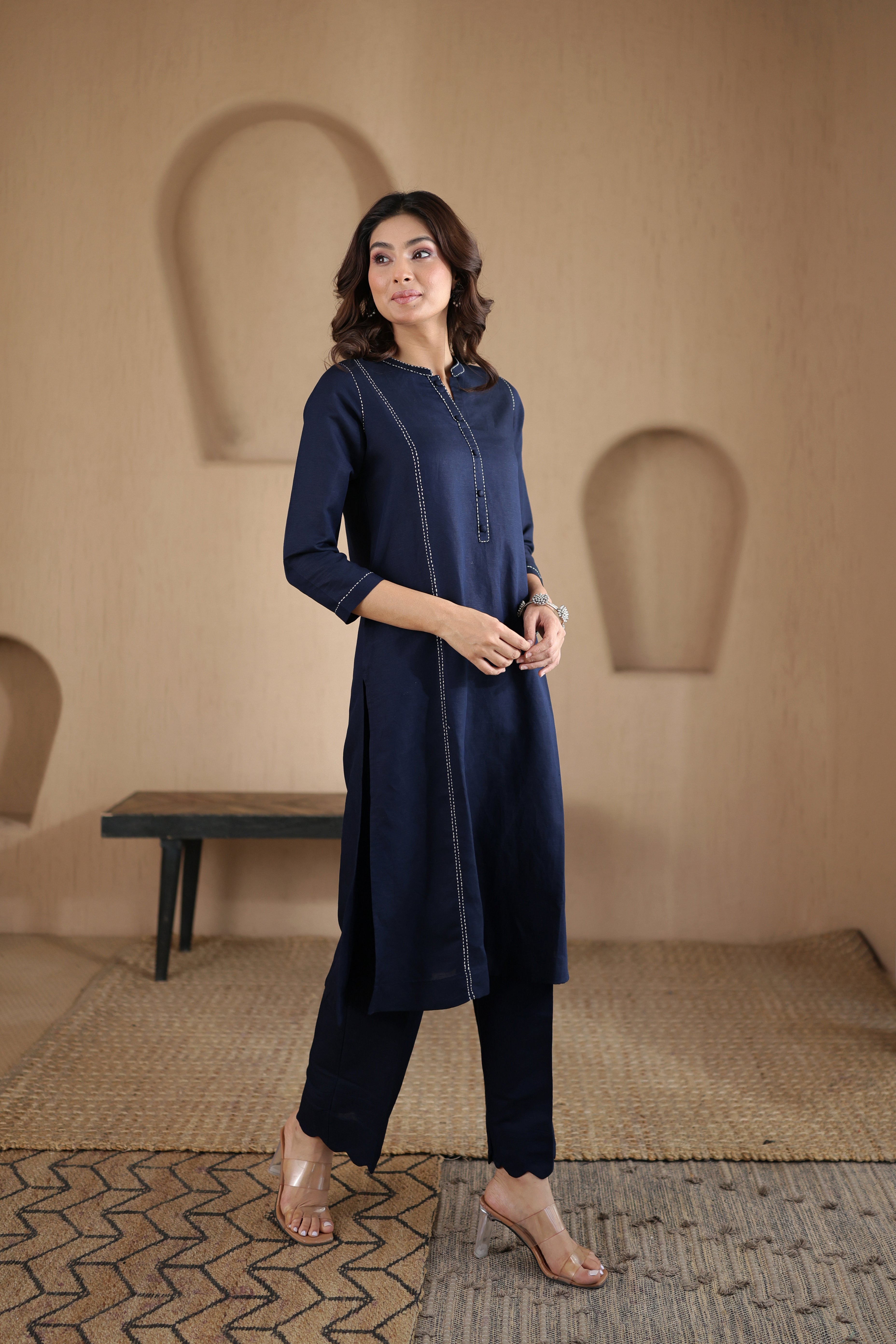 Nura Linen Kurta with Gul Rekh Detailing - Navy or Tuscan Beige