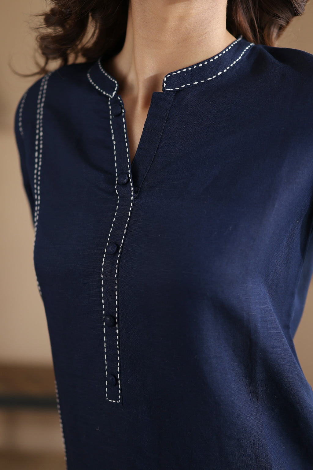 Nura Linen Kurta with Gul Rekh Detailing - Navy or Tuscan Beige