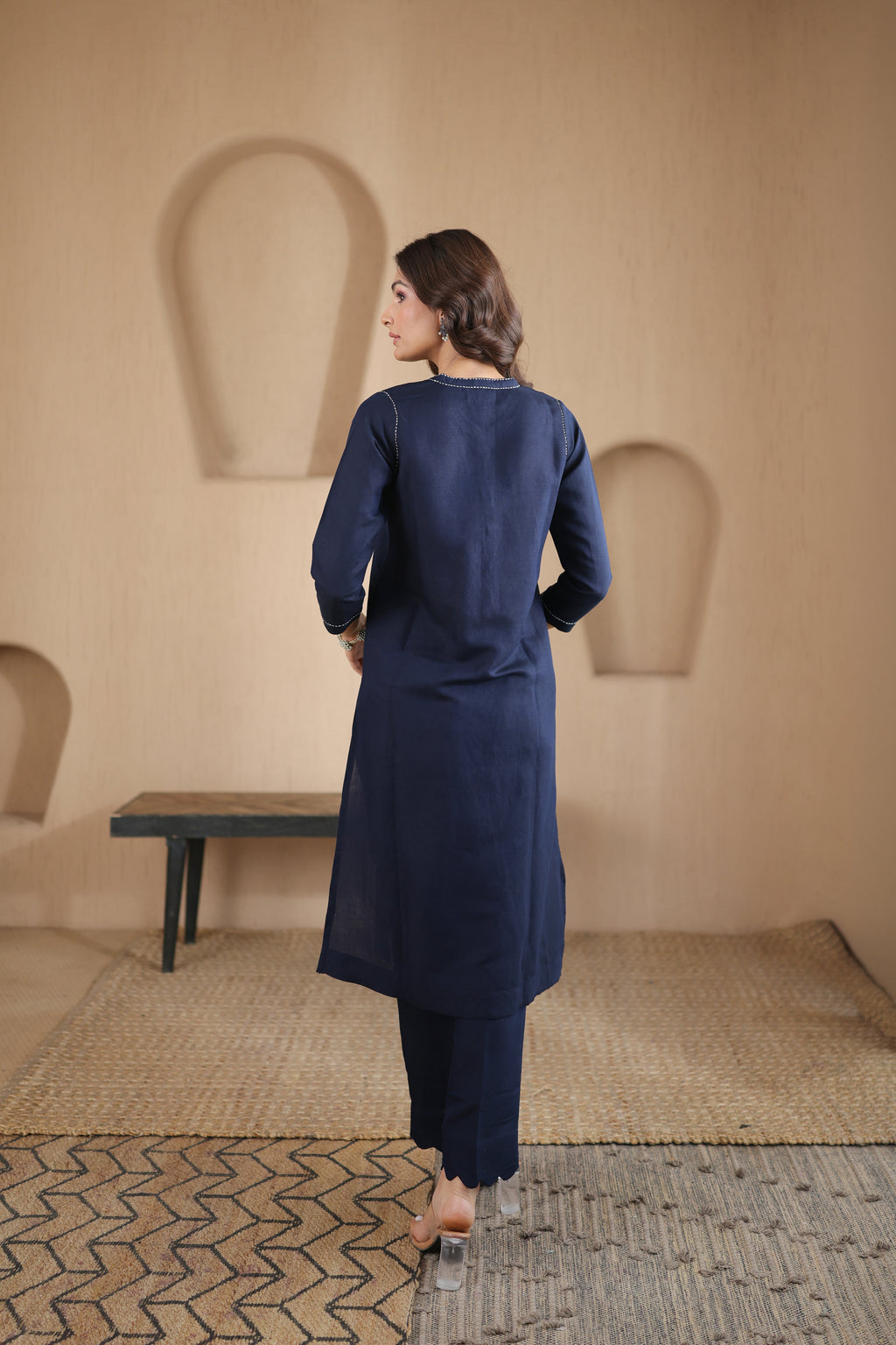 Nura Linen Kurta with Gul Rekh Detailing - Navy or Tuscan Beige