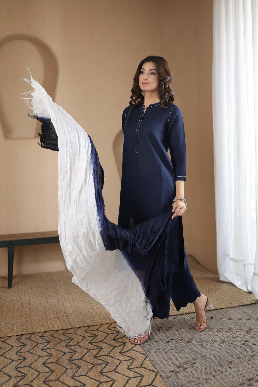 Nura Linen Kurta with Gul Rekh Detailing - Navy or Tuscan Beige