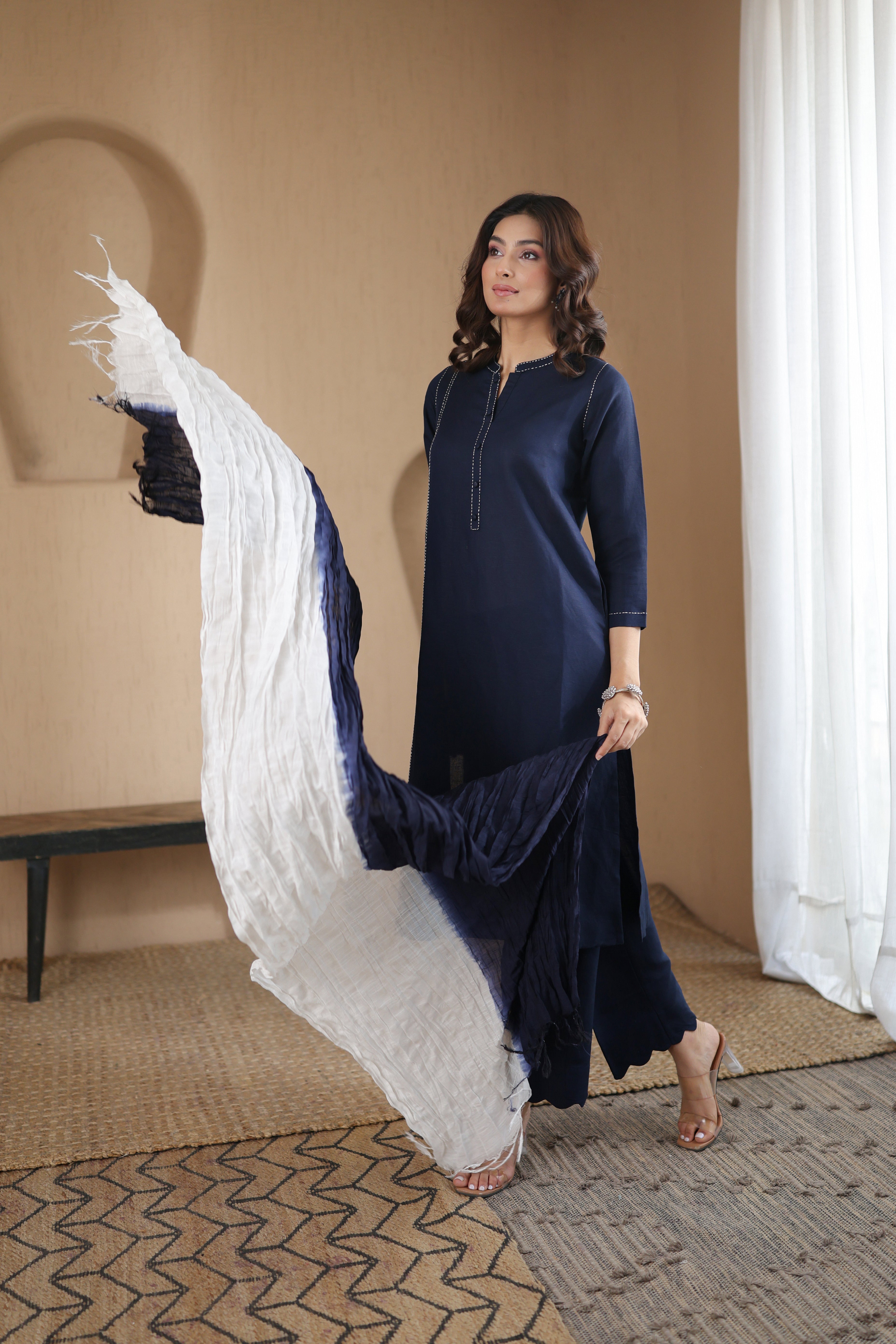 Nura Linen Kurta with Gul Rekh Detailing - Navy or Tuscan Beige