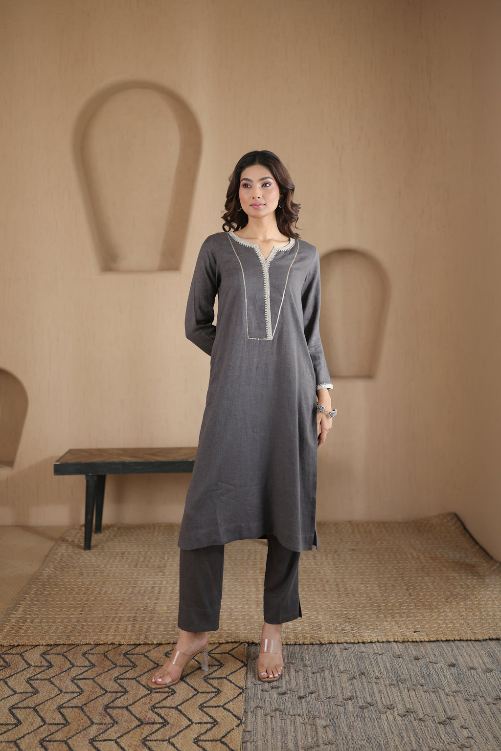 Nura Linen Kurta with Gul Sitara Detailing - Charcoal or Light Buff or Tuscan Beige