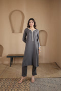 Nura Linen Kurta with Gul Sitara Detailing - Charcoal or Light Buff or Tuscan Beige