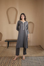 Nura Linen Kurta with Gul Sitara Detailing - Charcoal or Light Buff or Tuscan Beige