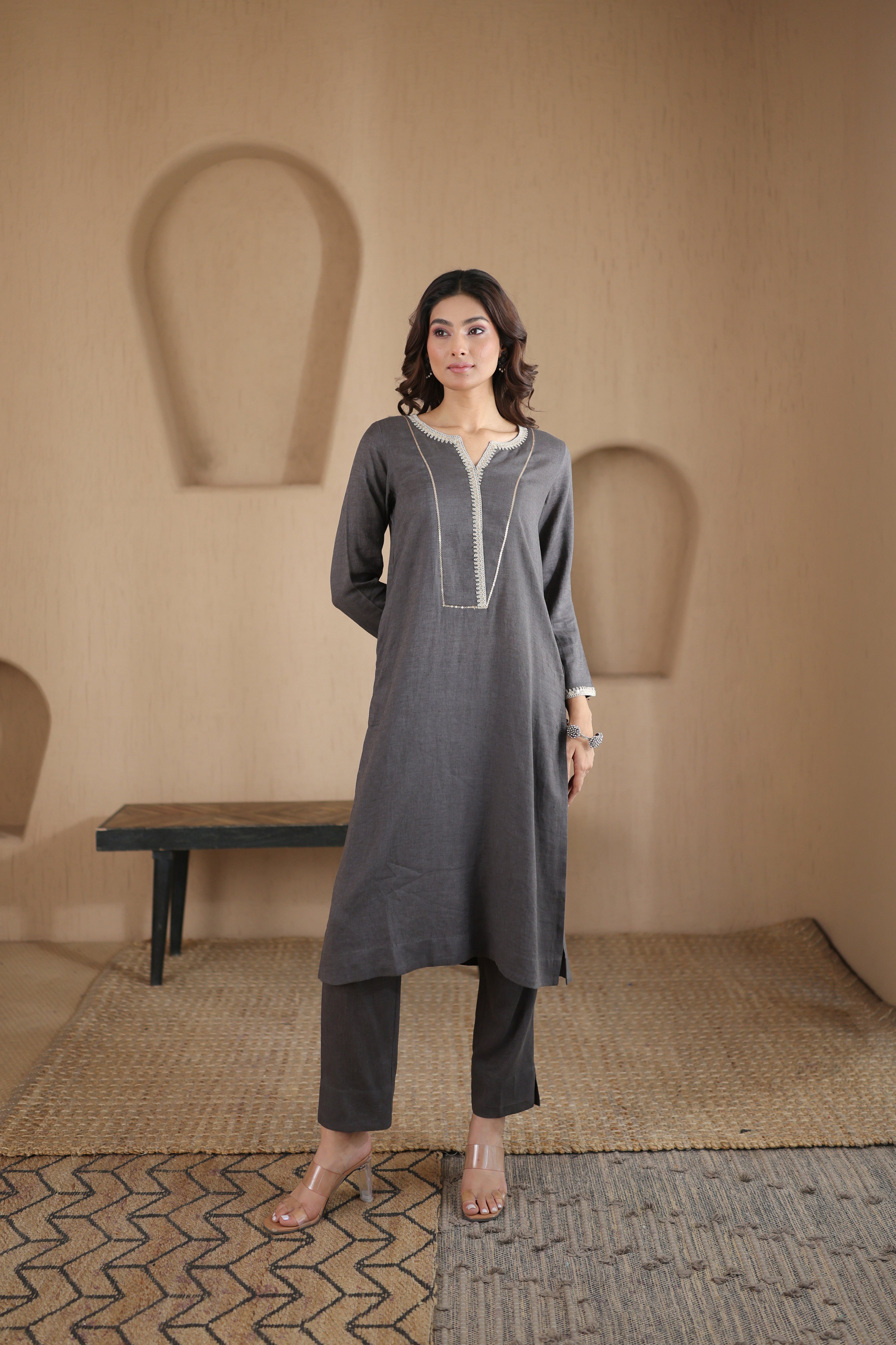 Nura Linen Kurta with Gul Sitara Detailing - Charcoal or Light Buff or Tuscan Beige