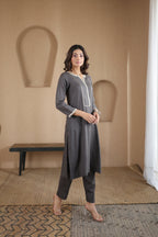 Nura Linen Kurta with Gul Sitara Detailing - Charcoal or Light Buff or Tuscan Beige
