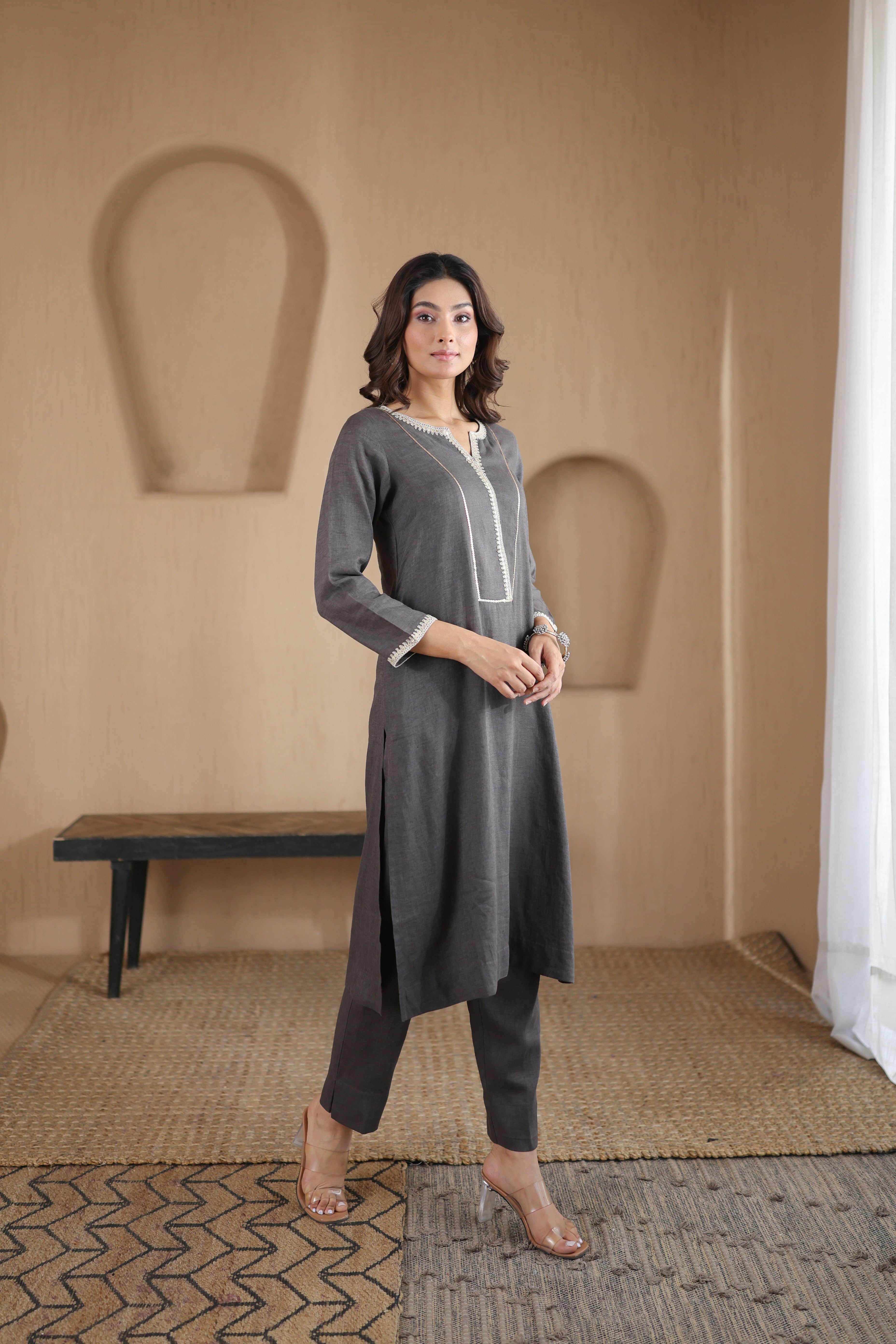 Nura Linen Kurta with Gul Sitara Detailing - Charcoal or Light Buff or Tuscan Beige