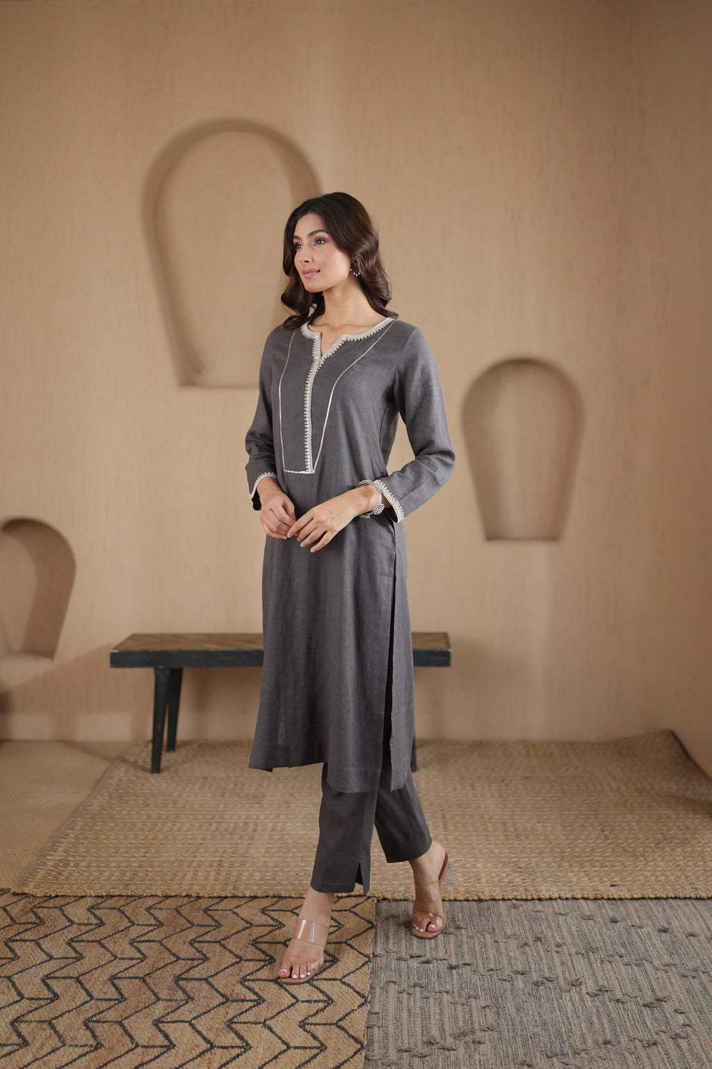 Nura Linen Kurta with Gul Sitara Detailing - Charcoal or Light Buff or Tuscan Beige