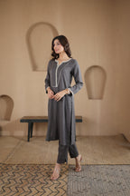 Nura Linen Kurta with Gul Sitara Detailing - Charcoal or Light Buff or Tuscan Beige