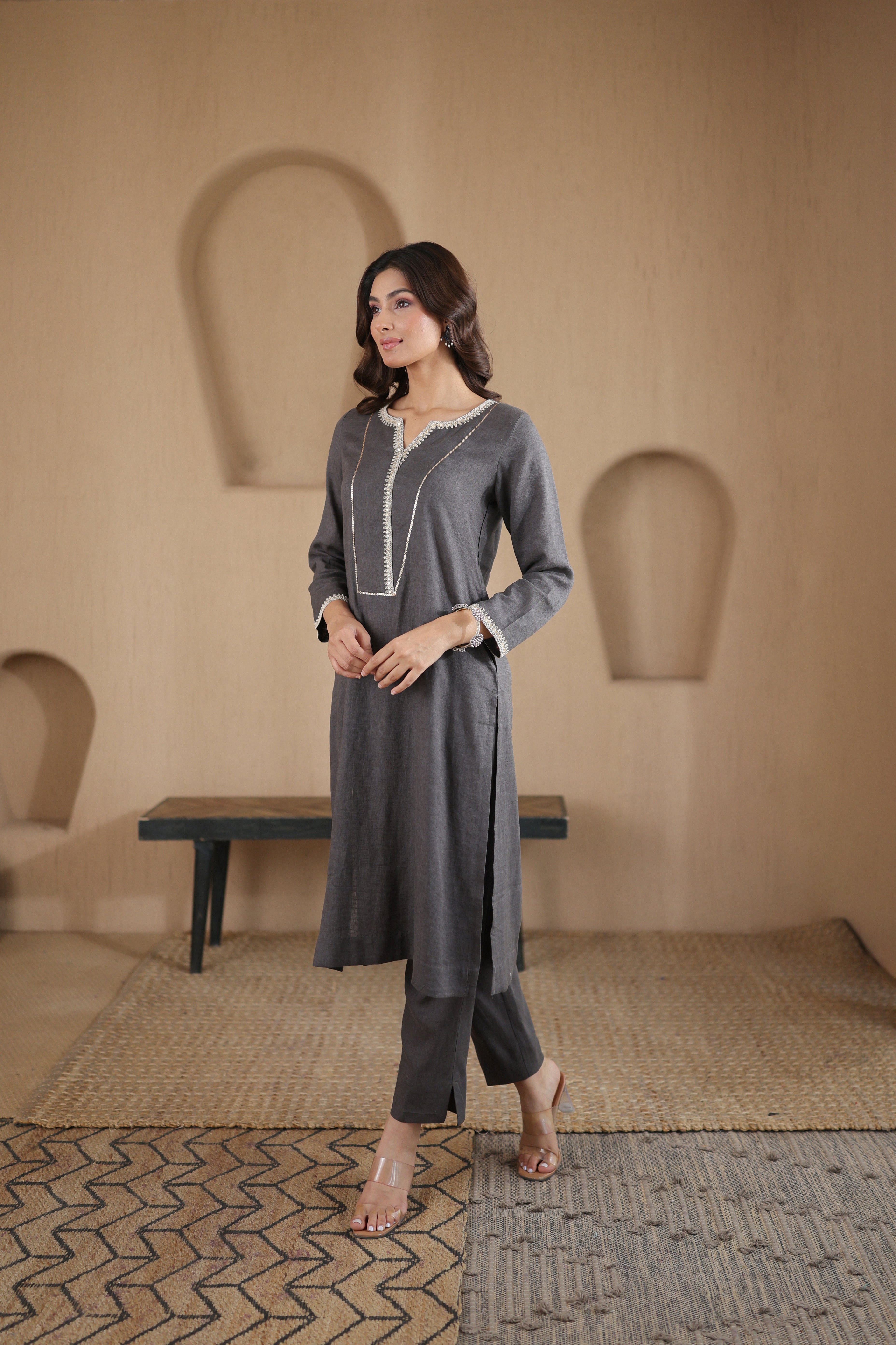 Nura Linen Kurta with Gul Sitara Detailing - Charcoal or Light Buff or Tuscan Beige