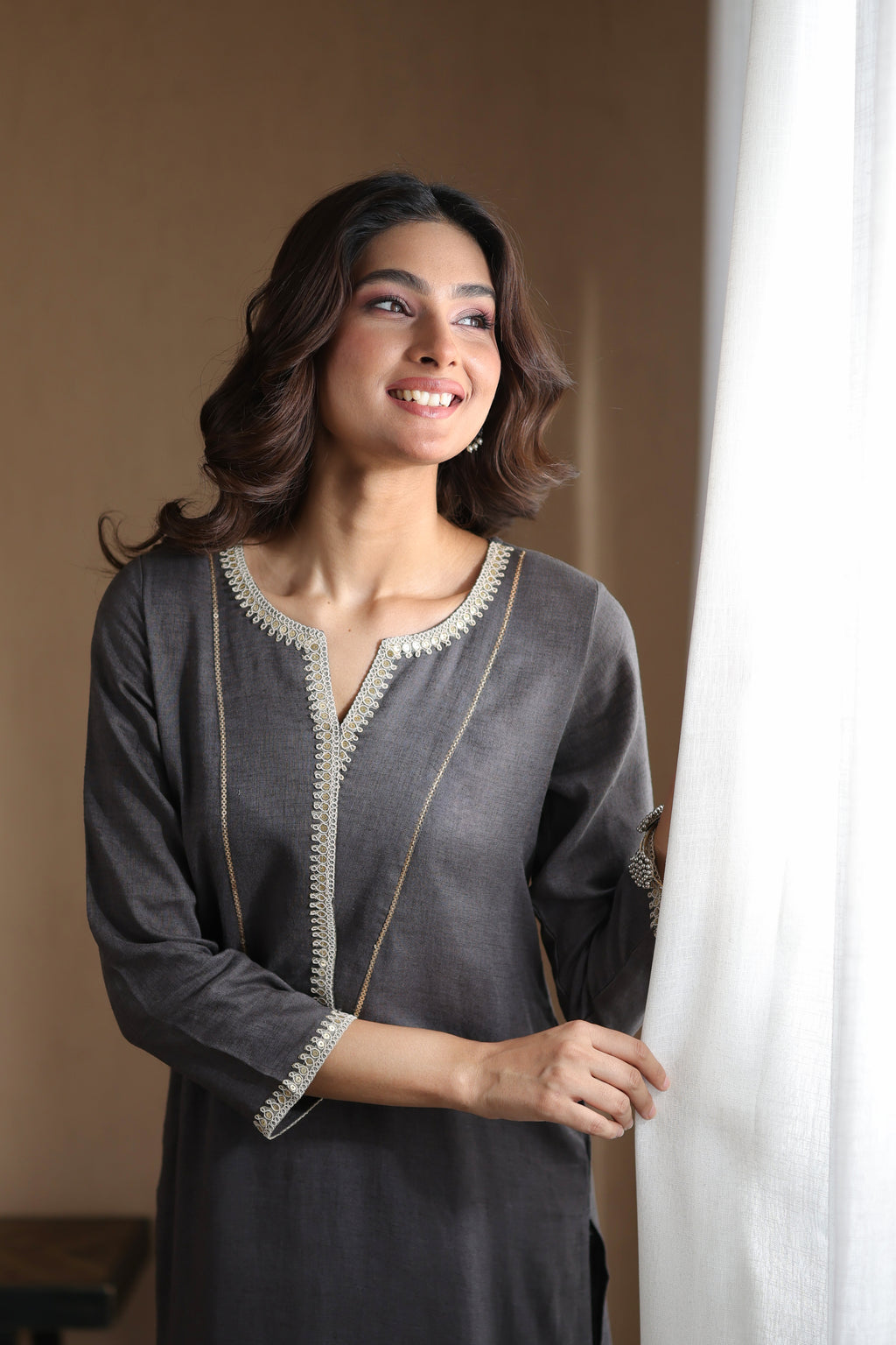 Nura Linen Kurta with Gul Sitara Detailing - Charcoal or Light Buff or Tuscan Beige