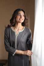 Nura Linen Kurta with Gul Sitara Detailing - Charcoal or Light Buff or Tuscan Beige
