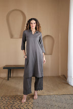 Nura Linen Kurta with Gul Leher Detailing - Black or Charcoal