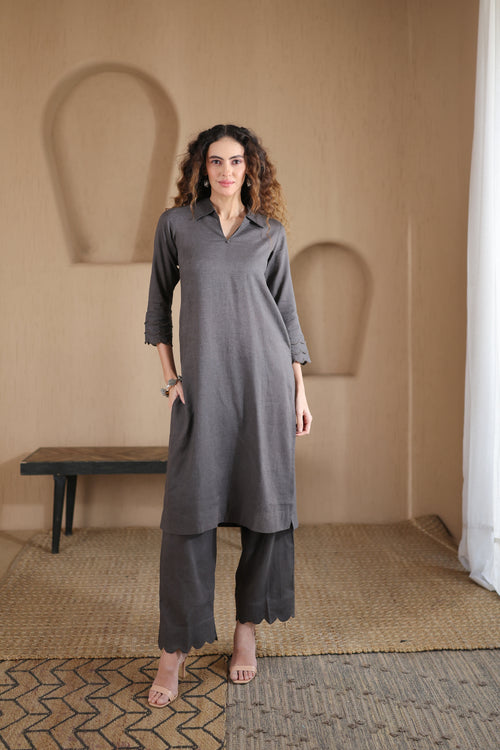 Nura Linen Kurta with Gul Leher Detailing - Black or Charcoal