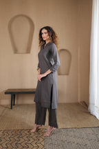 Nura Linen Kurta with Gul Leher Detailing - Black or Charcoal