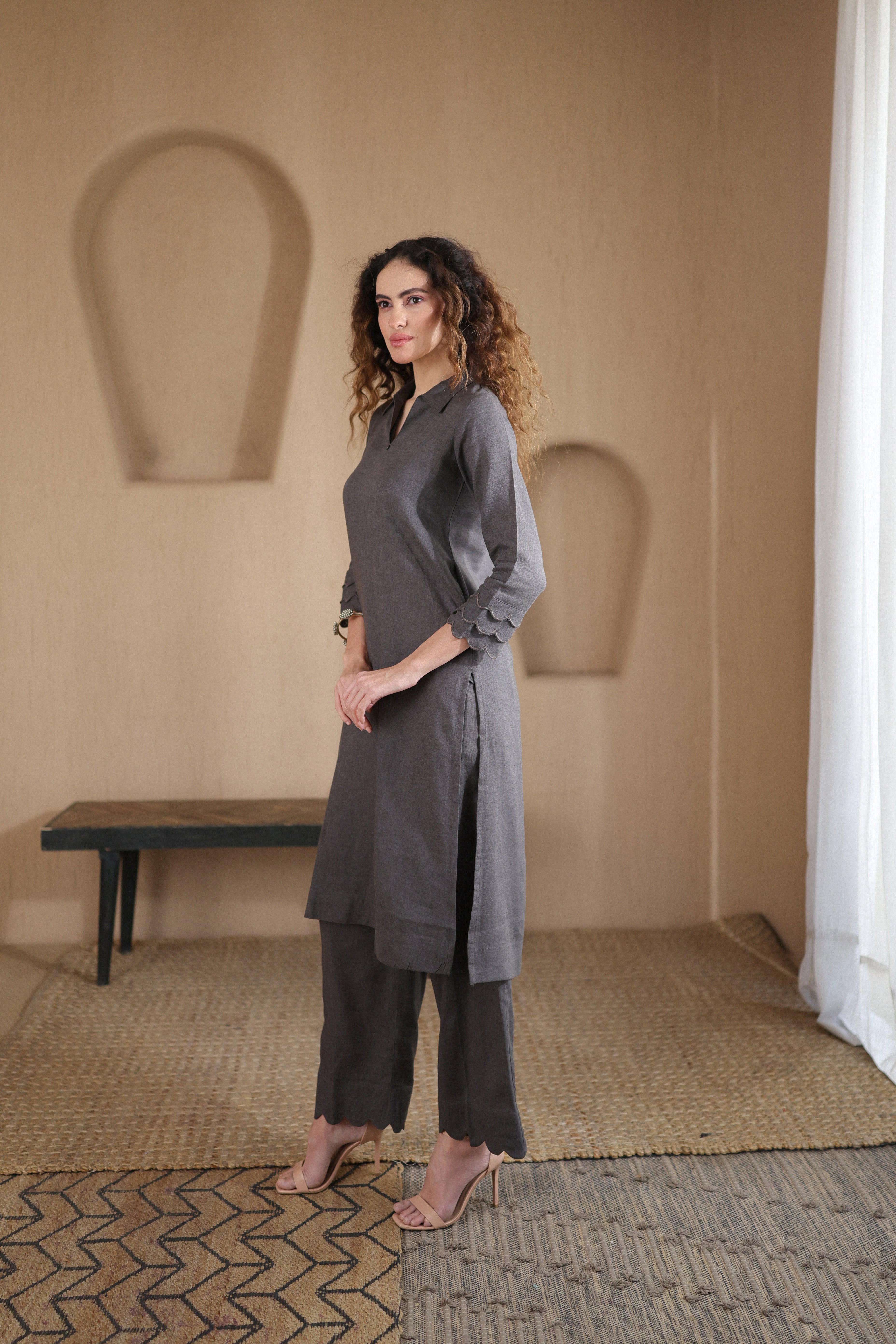Nura Linen Kurta with Gul Leher Detailing - Black or Charcoal