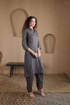 Nura Linen Kurta with Gul Leher Detailing - Black or Charcoal