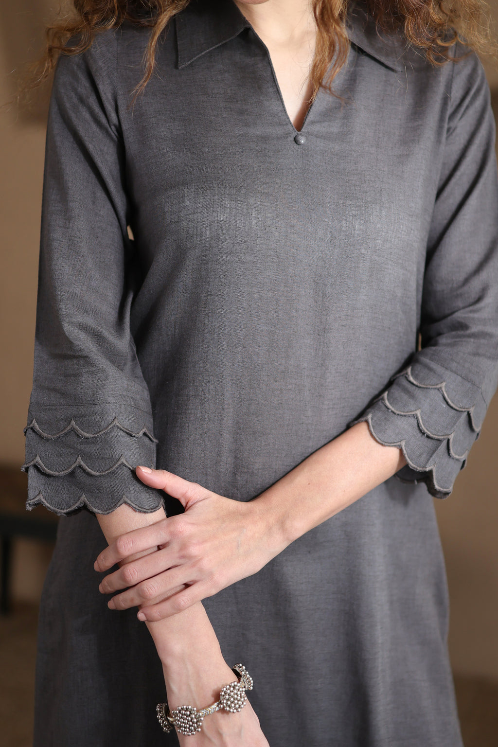 Nura Linen Kurta with Gul Leher Detailing - Black or Charcoal