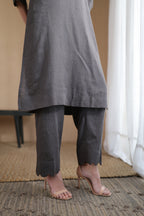 Nura Linen Kurta with Gul Leher Detailing - Black or Charcoal