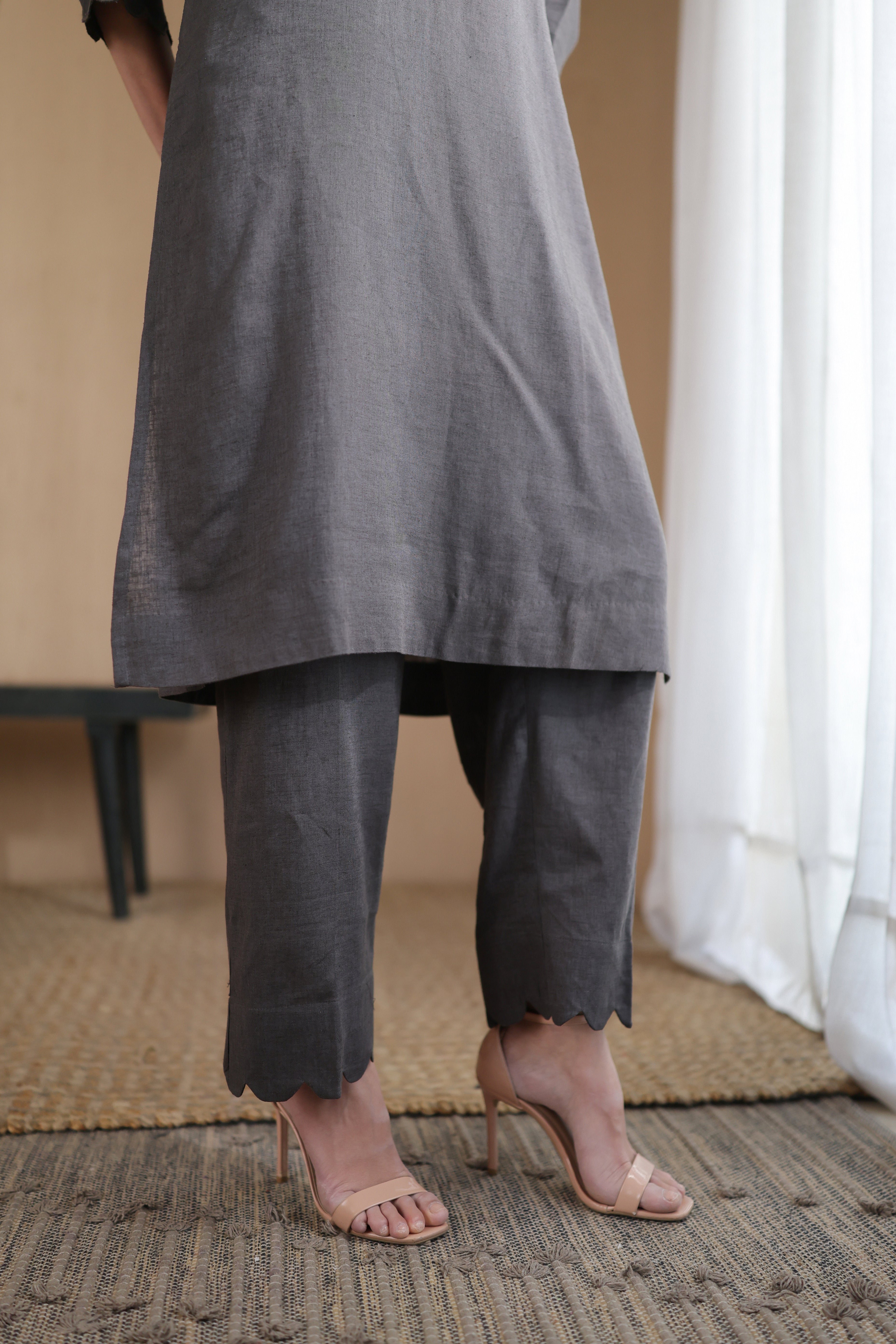 Nura Linen Kurta with Gul Leher Detailing - Black or Charcoal