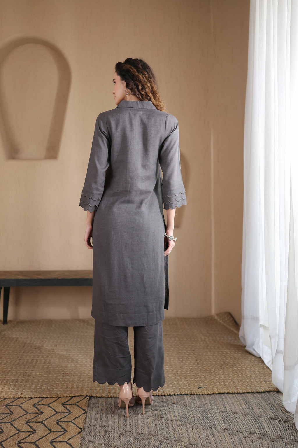 Nura Linen Kurta with Gul Leher Detailing - Black or Charcoal