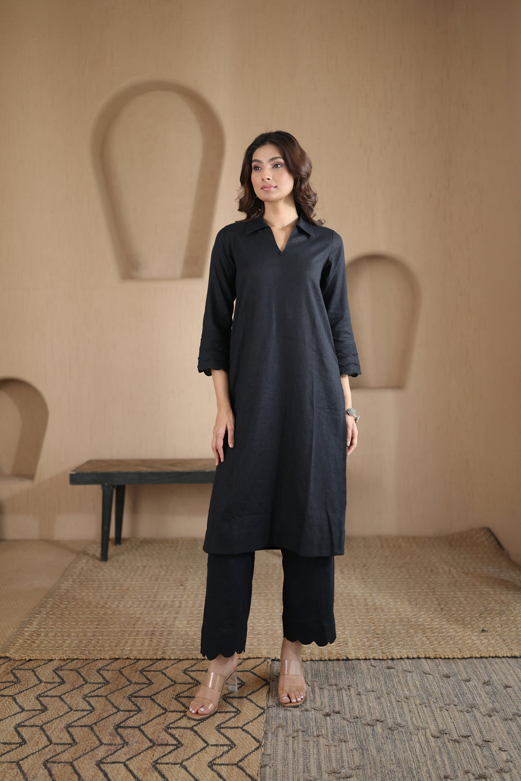 Nura Linen Kurta with Gul Leher Detailing - Black or Charcoal