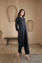 Nura Linen Kurta with Gul Leher Detailing - Black or Charcoal