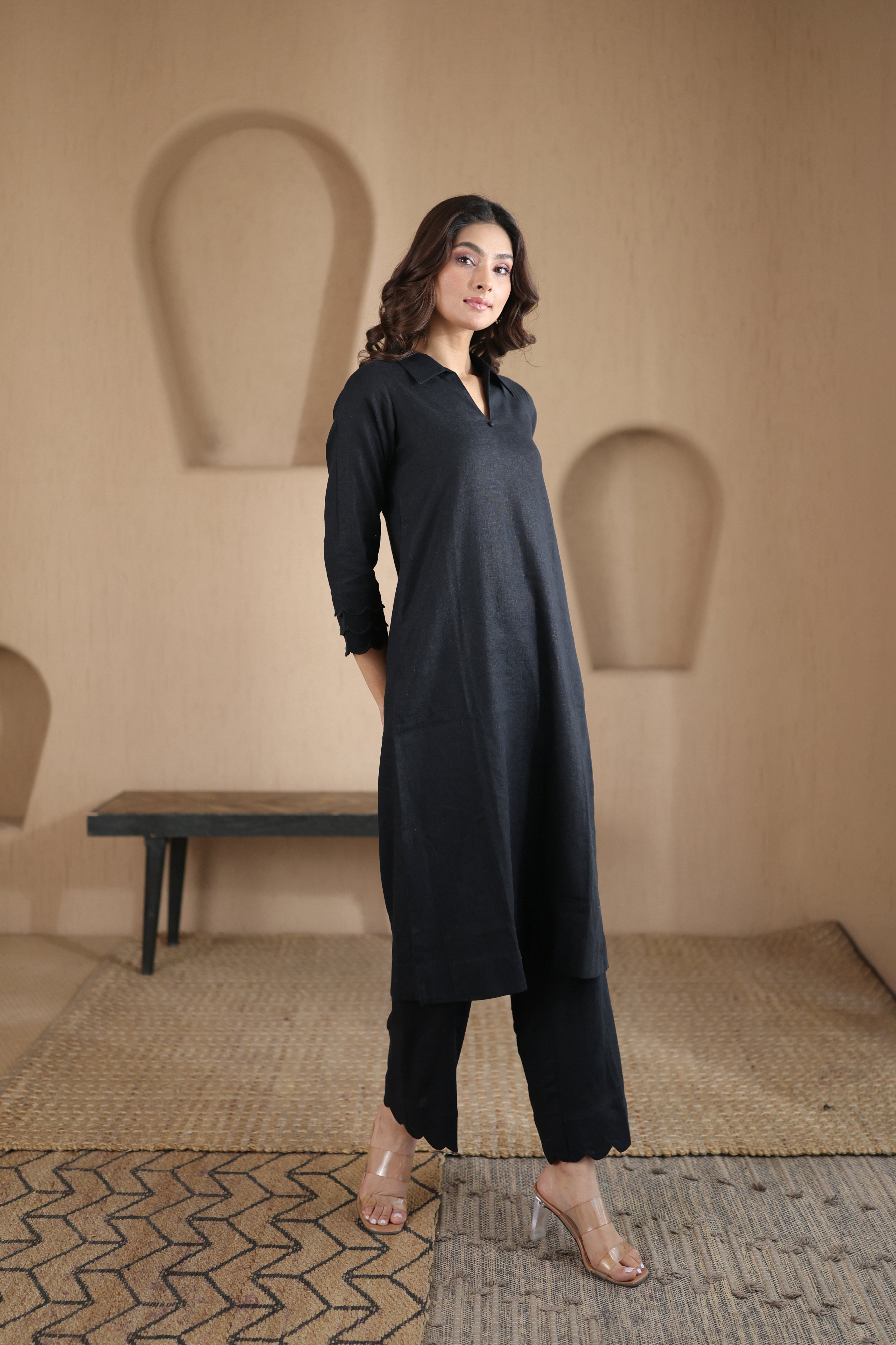 Nura Linen Kurta with Gul Leher Detailing - Black or Charcoal