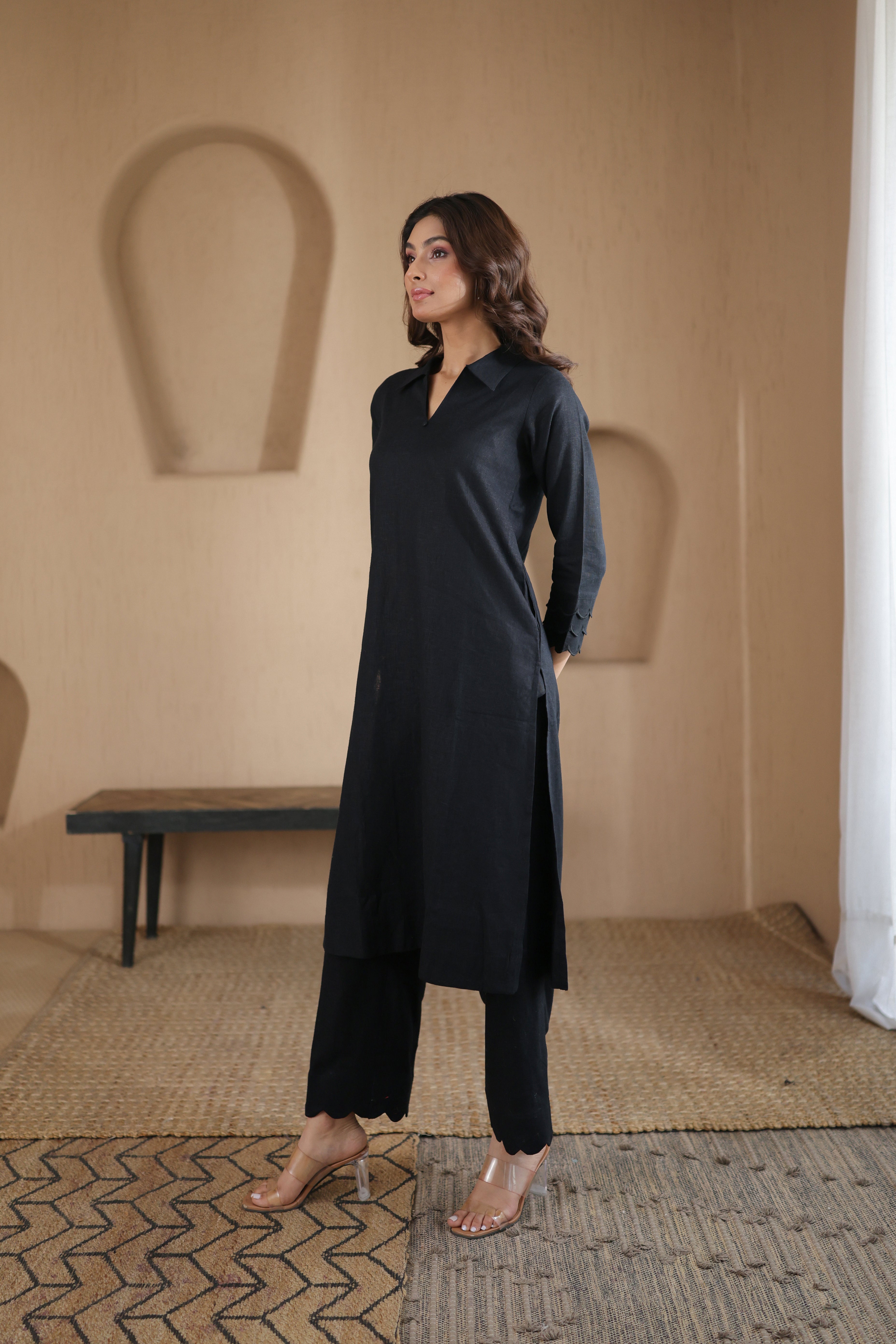 Nura Linen Kurta with Gul Leher Detailing - Black or Charcoal