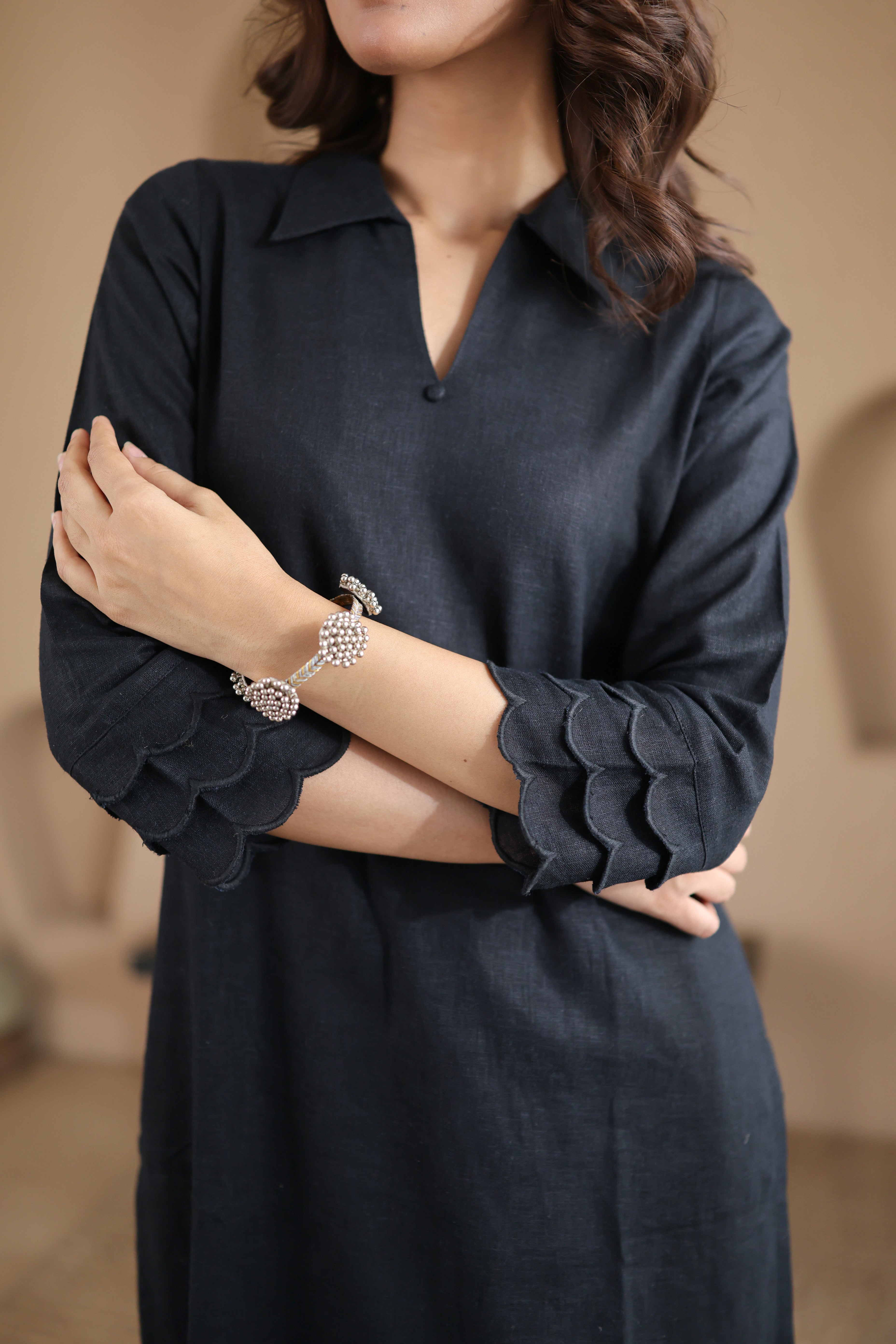 Nura Linen Kurta with Gul Leher Detailing - Black or Charcoal