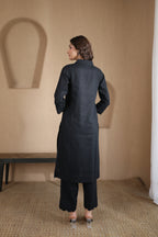 Nura Linen Kurta with Gul Leher Detailing - Black or Charcoal
