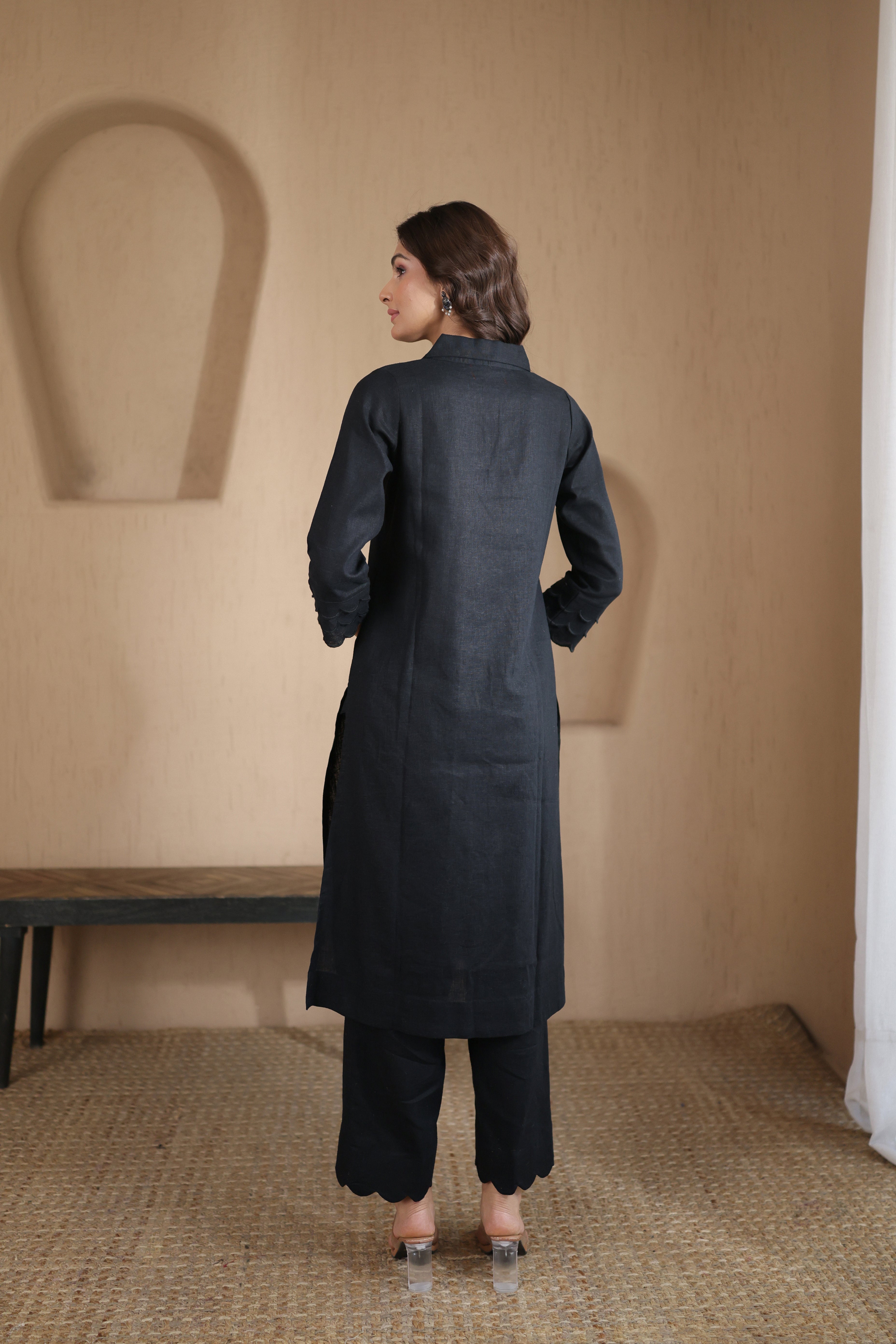 Nura Linen Kurta with Gul Leher Detailing - Black or Charcoal