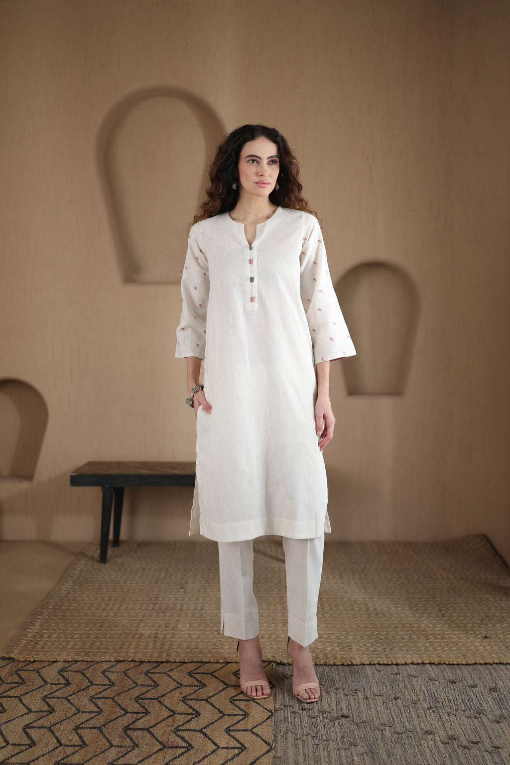 Nura Linen Kurta with Gul Booti Detailing - Light Buff or Black