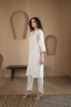 Nura Linen Kurta with Gul Booti Detailing - Light Buff or Black