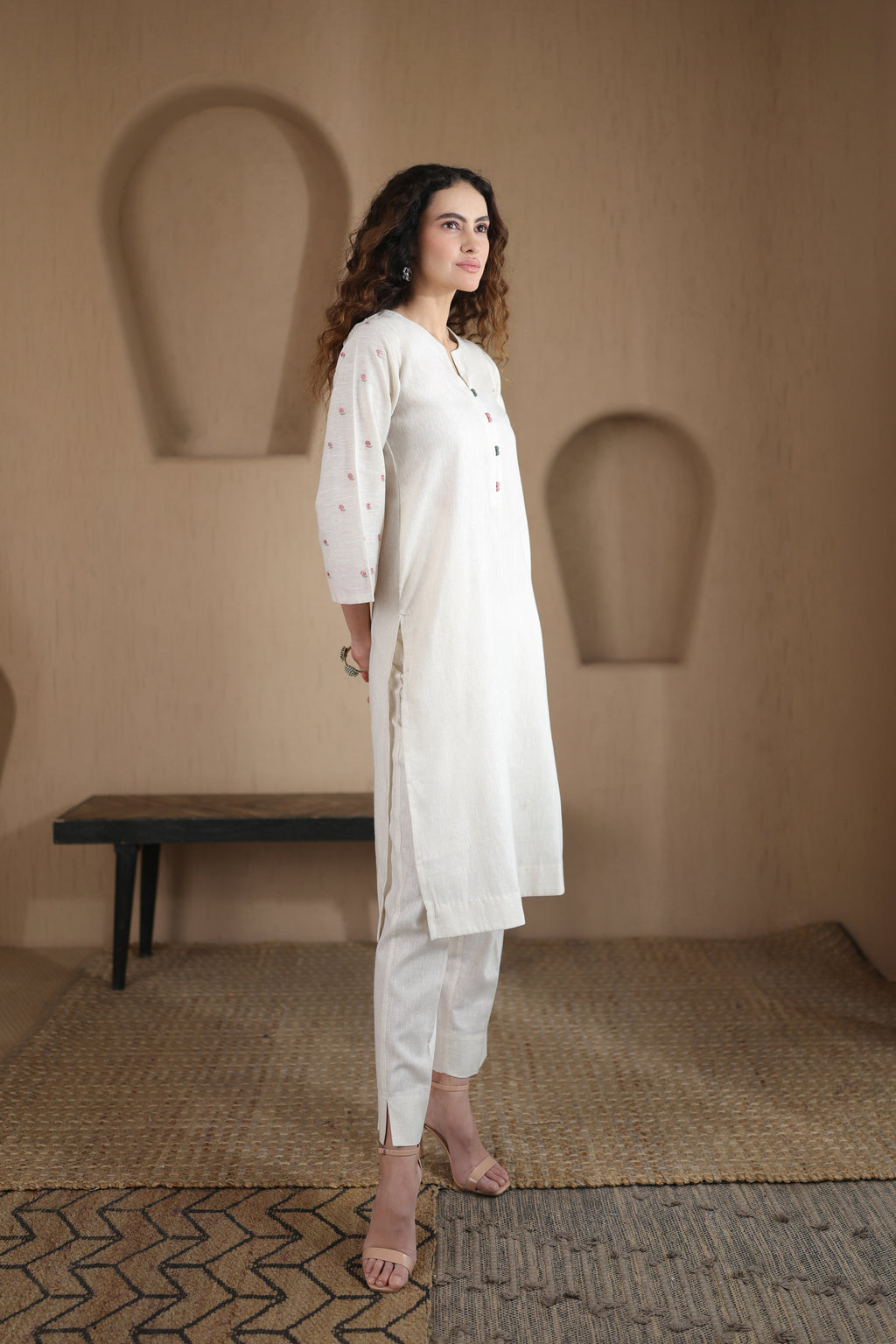 Nura Linen Kurta with Gul Booti Detailing - Light Buff or Black