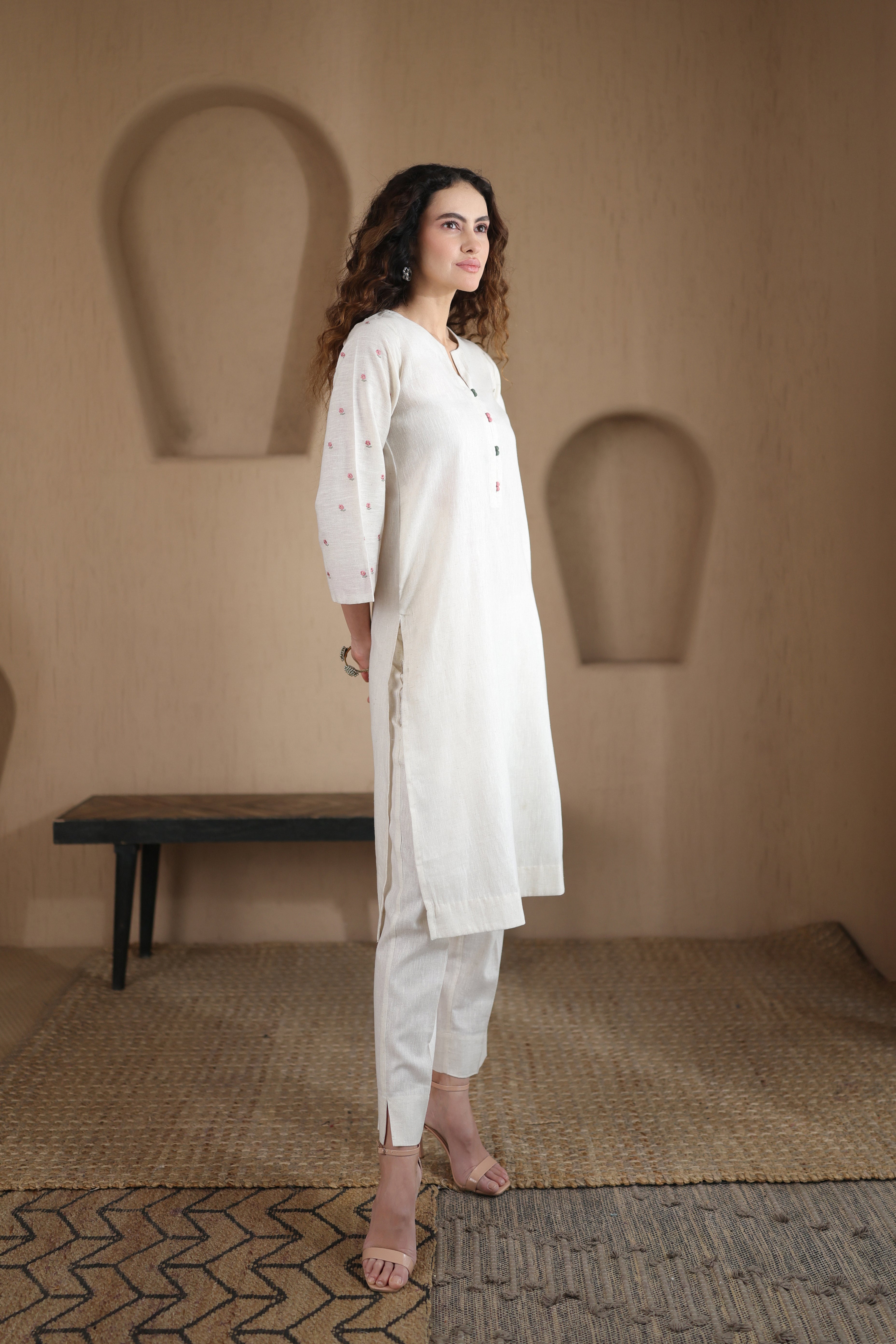 Nura Linen Kurta with Gul Booti Detailing - Light Buff or Black