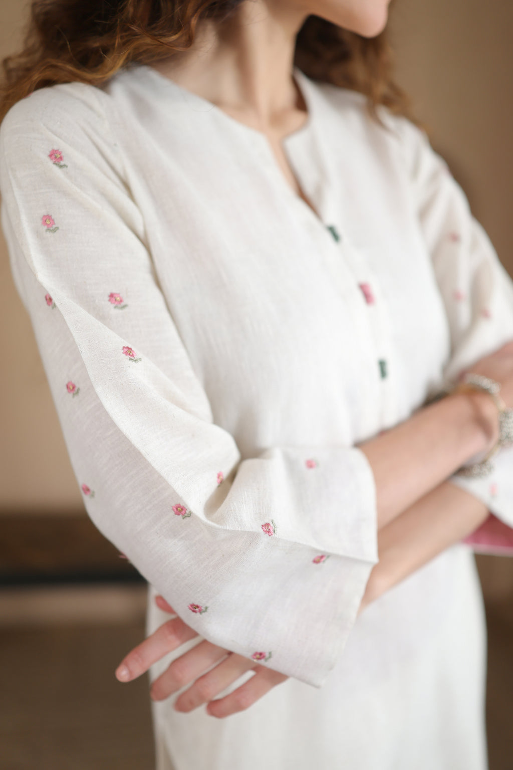 Nura Linen Kurta with Gul Booti Detailing - Light Buff or Black