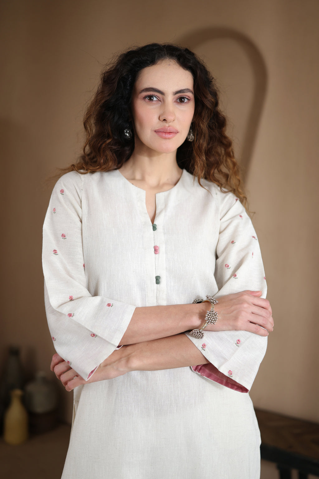 Nura Linen Kurta with Gul Booti Detailing - Light Buff or Black