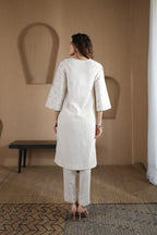 Nura Linen Kurta with Gul Booti Detailing - Light Buff or Black