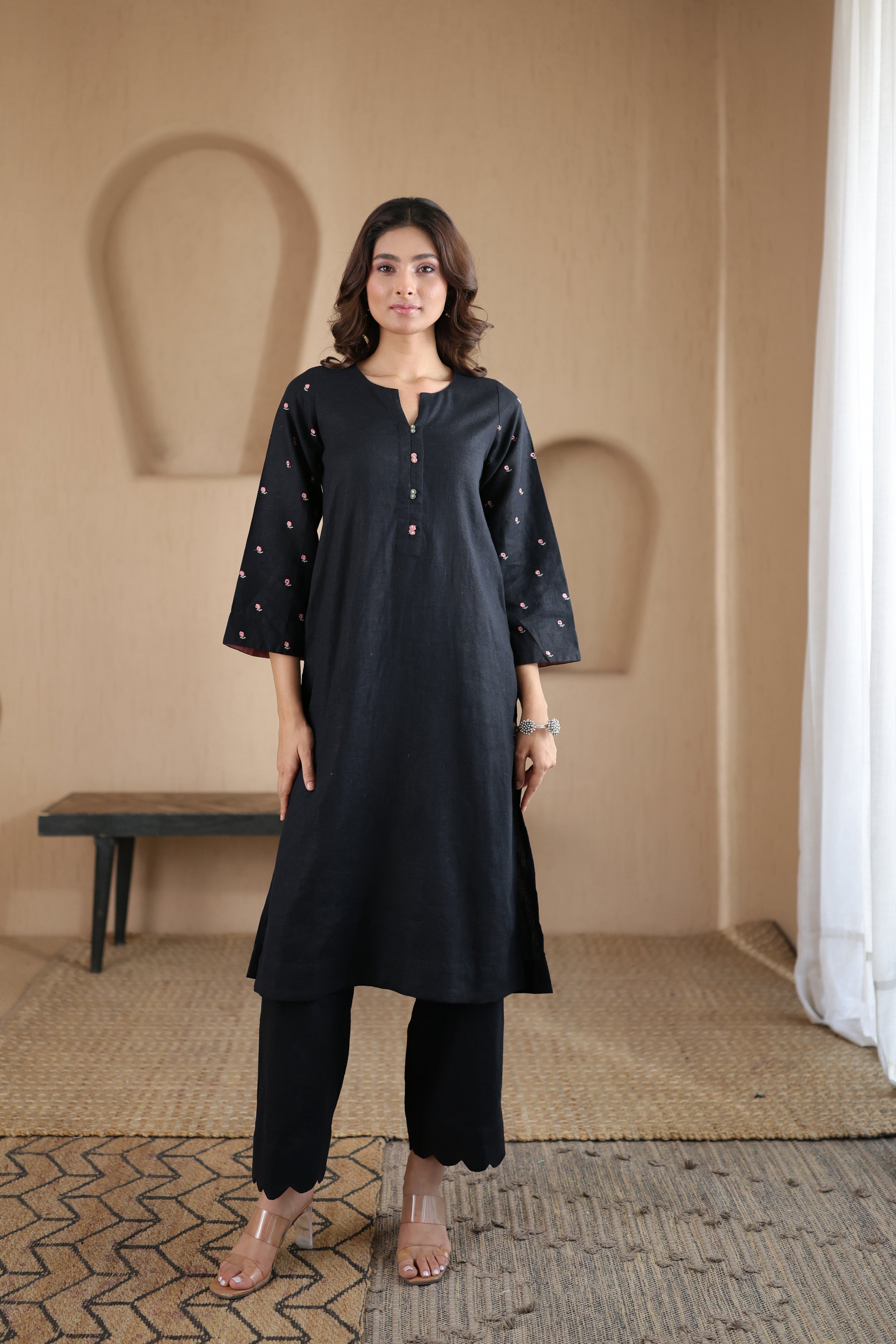 Nura Linen Kurta with Gul Booti Detailing - Light Buff or Black