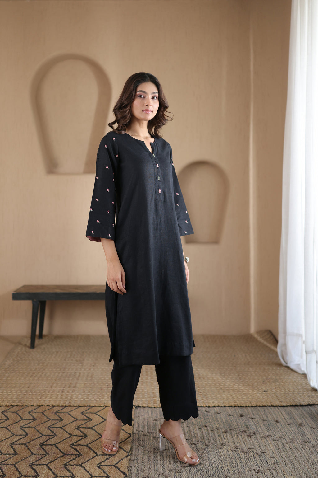 Nura Linen Kurta with Gul Booti Detailing - Light Buff or Black